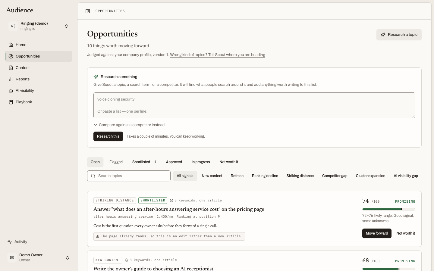 The research panel, open above the queue