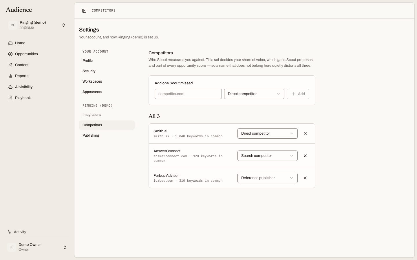 The Competitors settings page