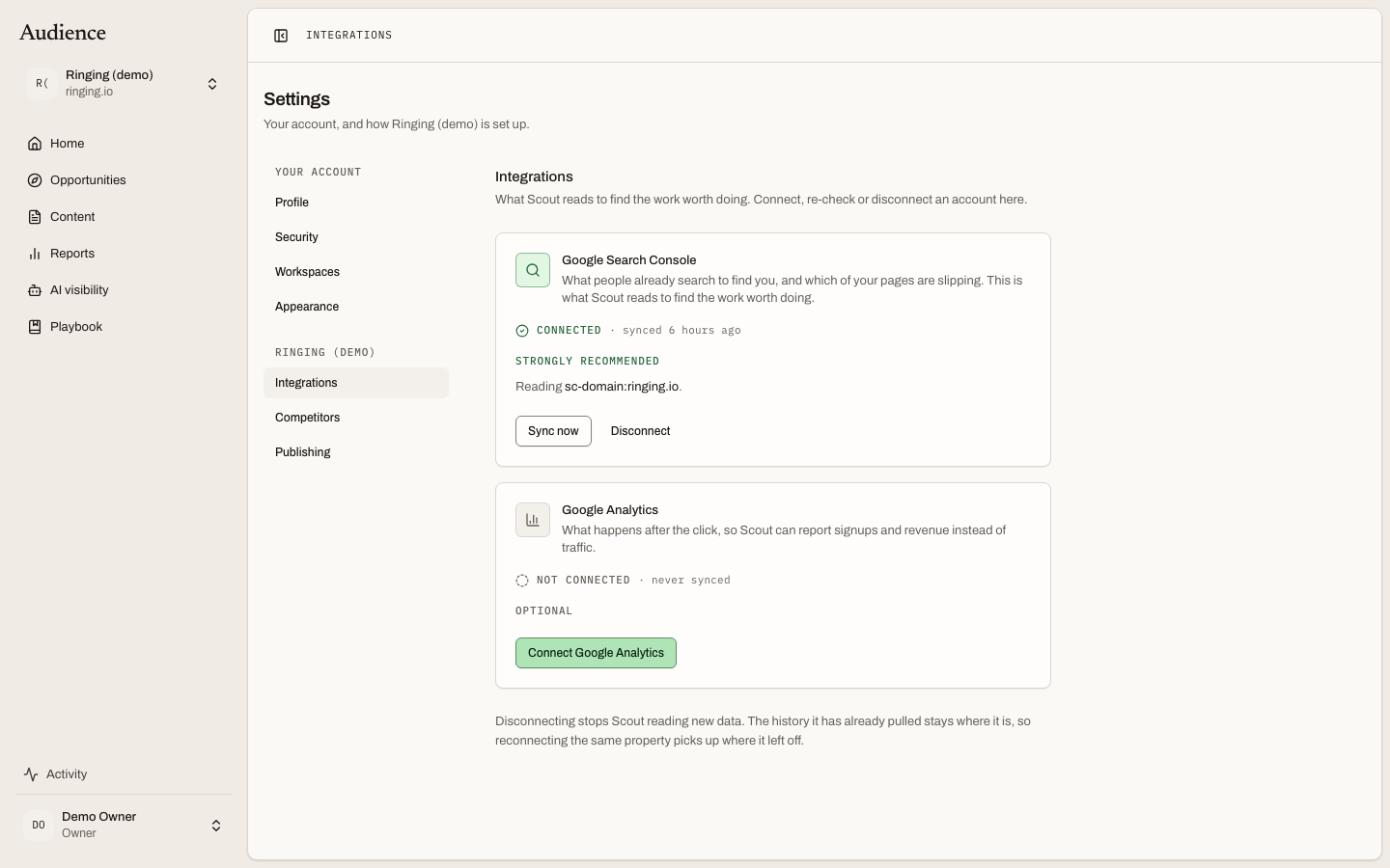 The Integrations settings page