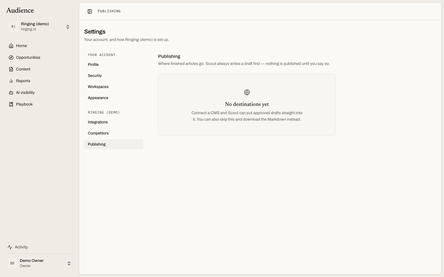 The Publishing settings page