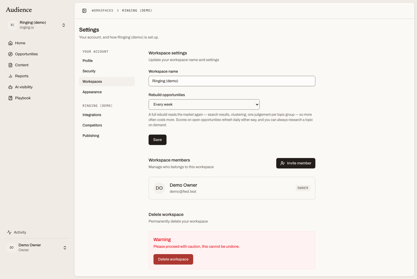 Workspace settings with members and pending invitations
